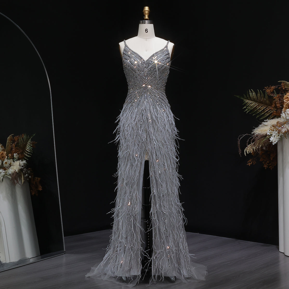 Luxury Beaded Blue Mermaid Feathers Evening Dress SS004