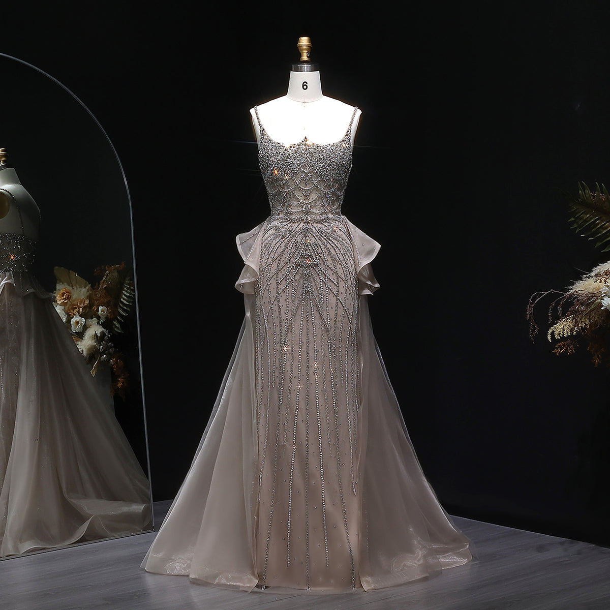 Champagne Crystal Beaded Peplum Mermaid Evening Dress