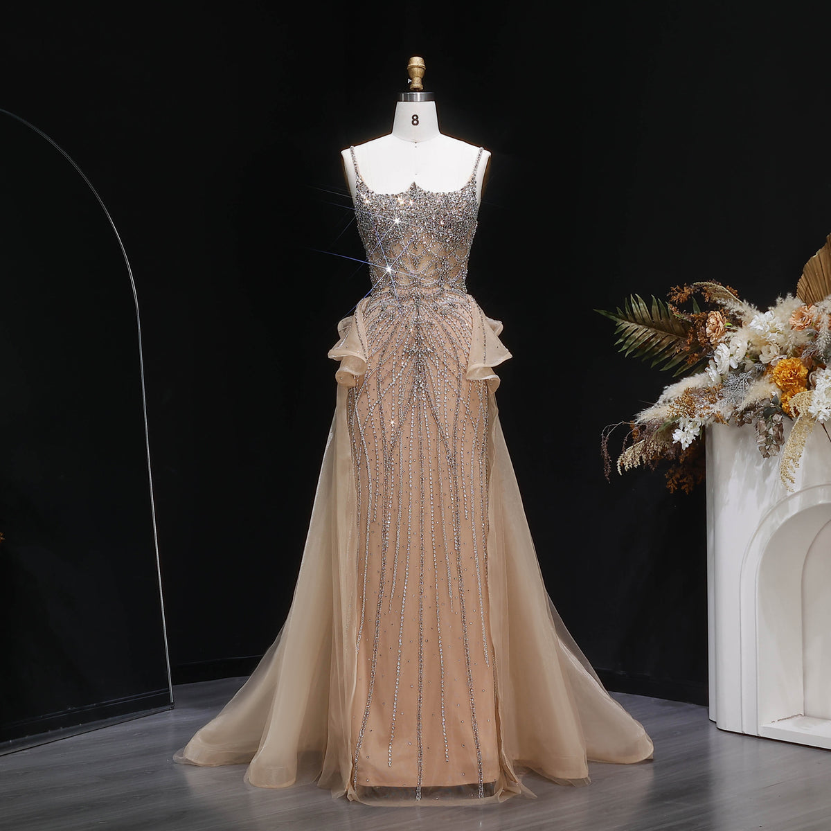 Champagne Crystal Beaded Peplum Mermaid Evening Dress