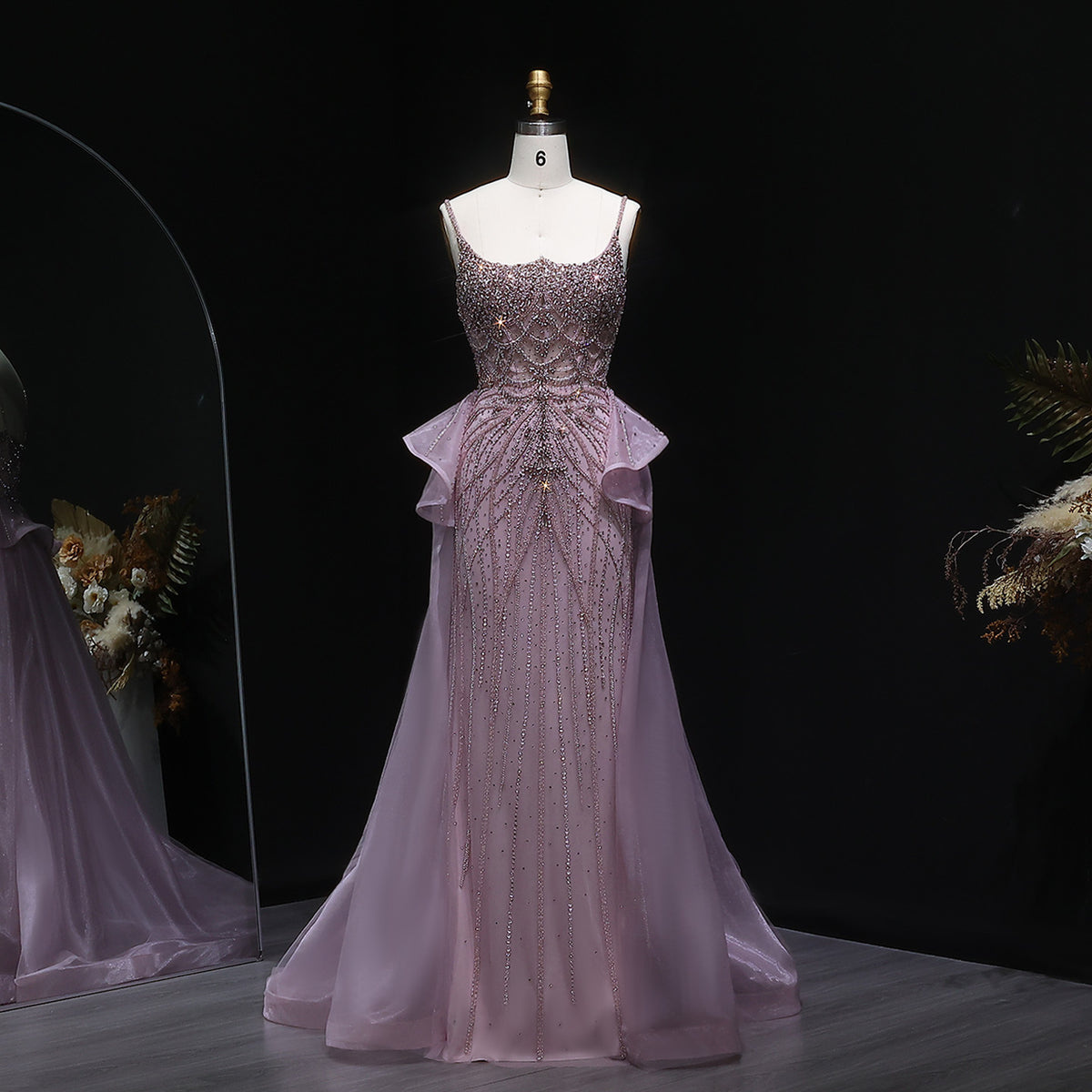 Champagne Crystal Beaded Peplum Mermaid Evening Dress