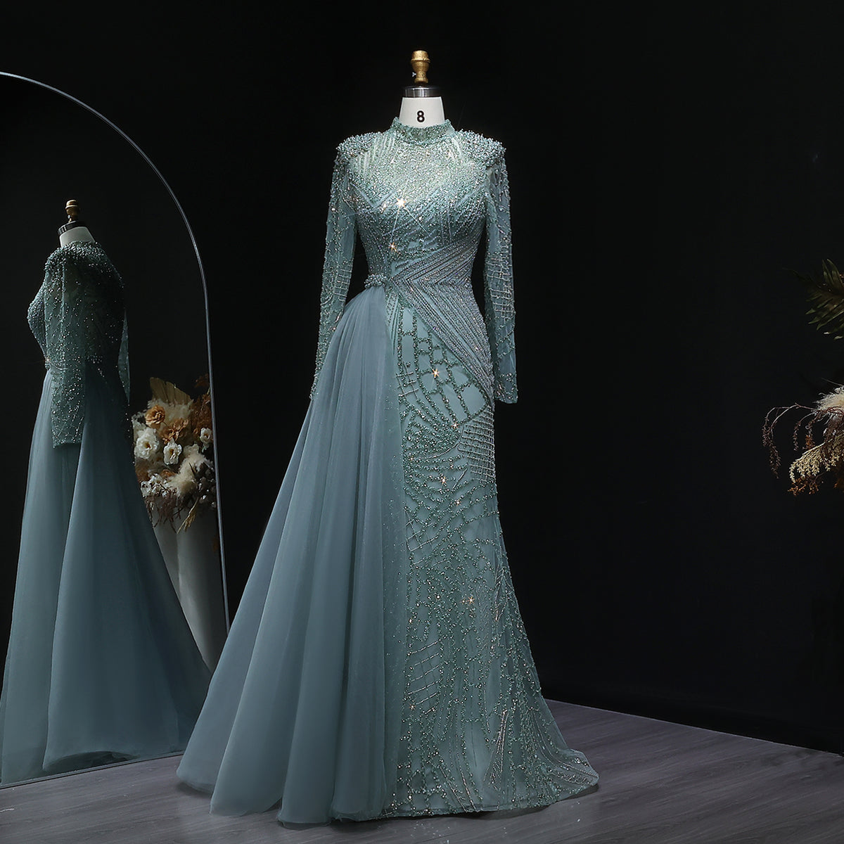 Turquoise High Neck Crystal Beaded Overskirt Mermaid Evening Dress
