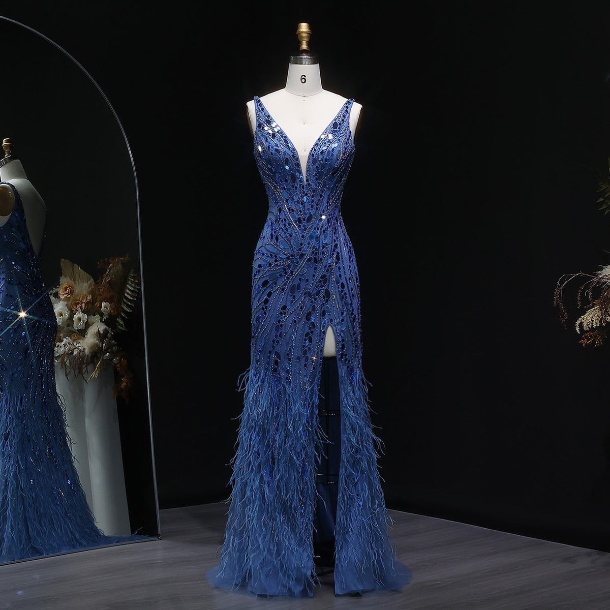 Pink V‑Neck Beaded Feather Slit Mermaid Evening Dress