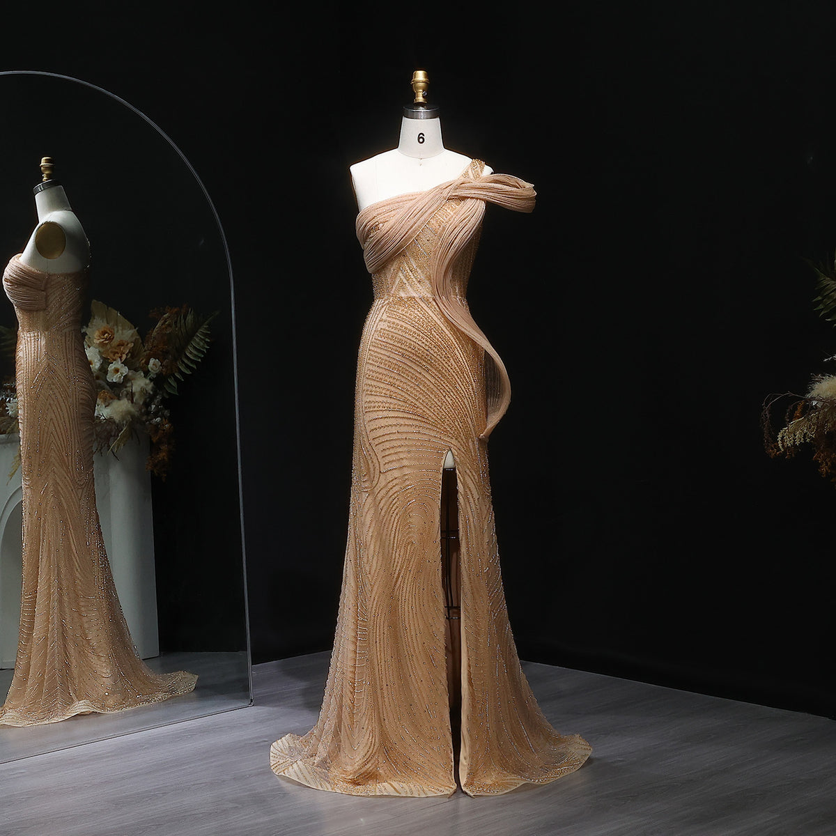 Caramel One‑Shoulder Beaded Mermaid Evening Dress with Slit