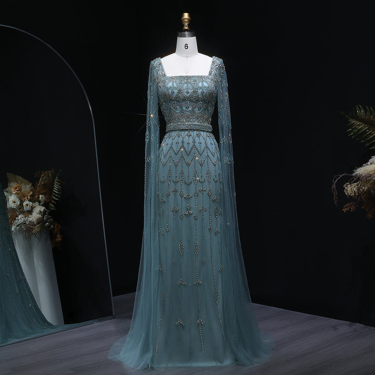 Turquoise Square Neck Crystal Beaded Mermaid Evening Dress