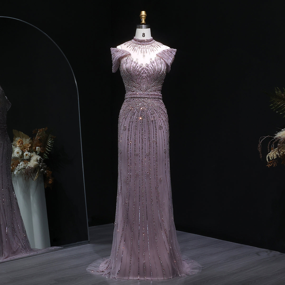 Luxury Wine Red Off-Shoulder Beaded Evening Dress SS109