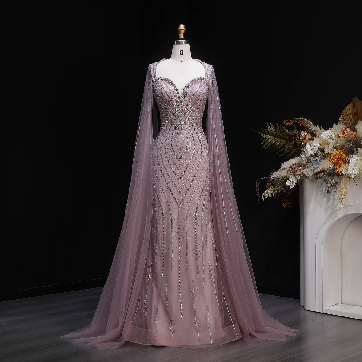Elegant Pink Sweetheart Beaded Evening Dress with Cape Sleeve SS130
