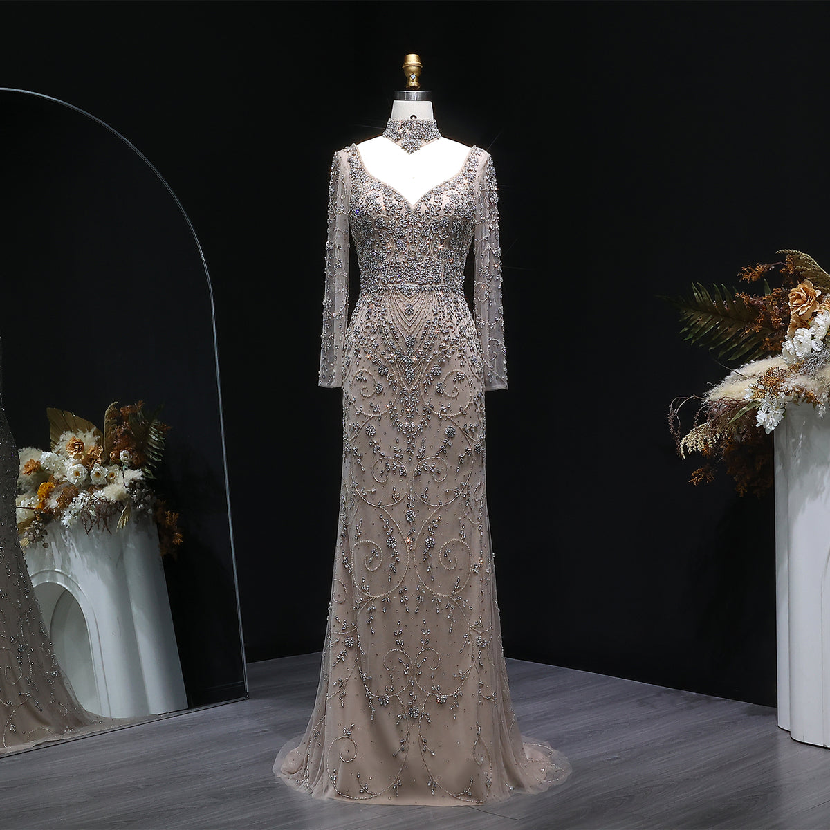 Elegant Turquoise Beaded Long Sleeve Evening Dress with Neck Ring SS181