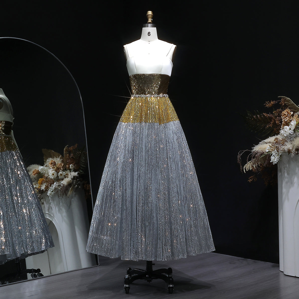 Luxury Strapless Silver Gradient Sequin Evening Dress SS200