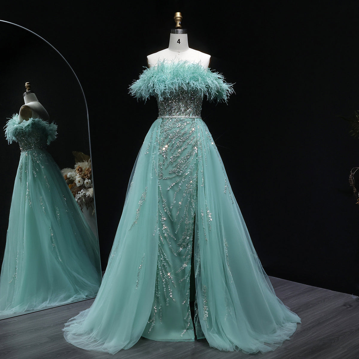 Luxury Feathers Lilac Crystal Evening Dress with Overskirt SS252