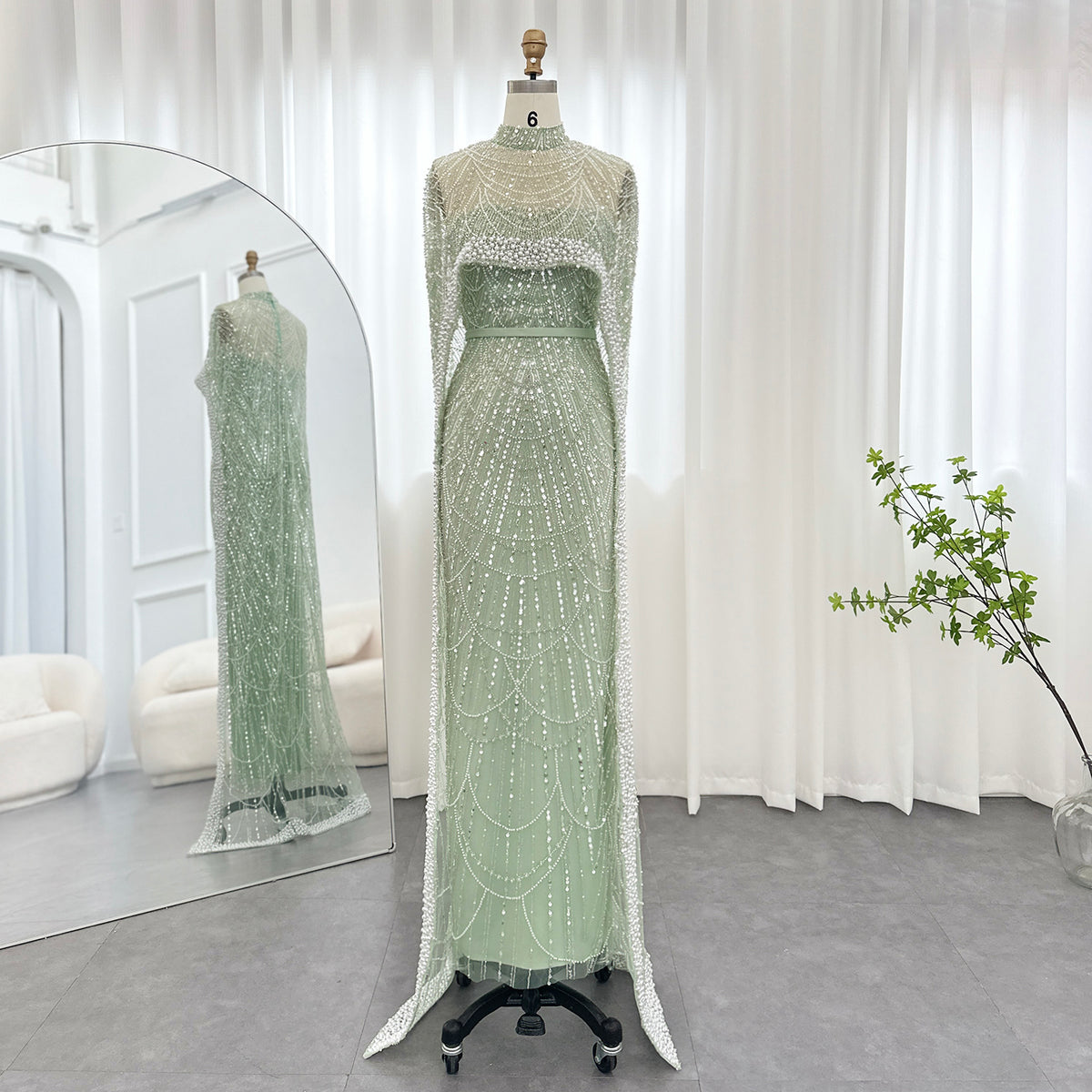 Luxury Pearls Champagne Mermaid Evening Dress with Cape SS369