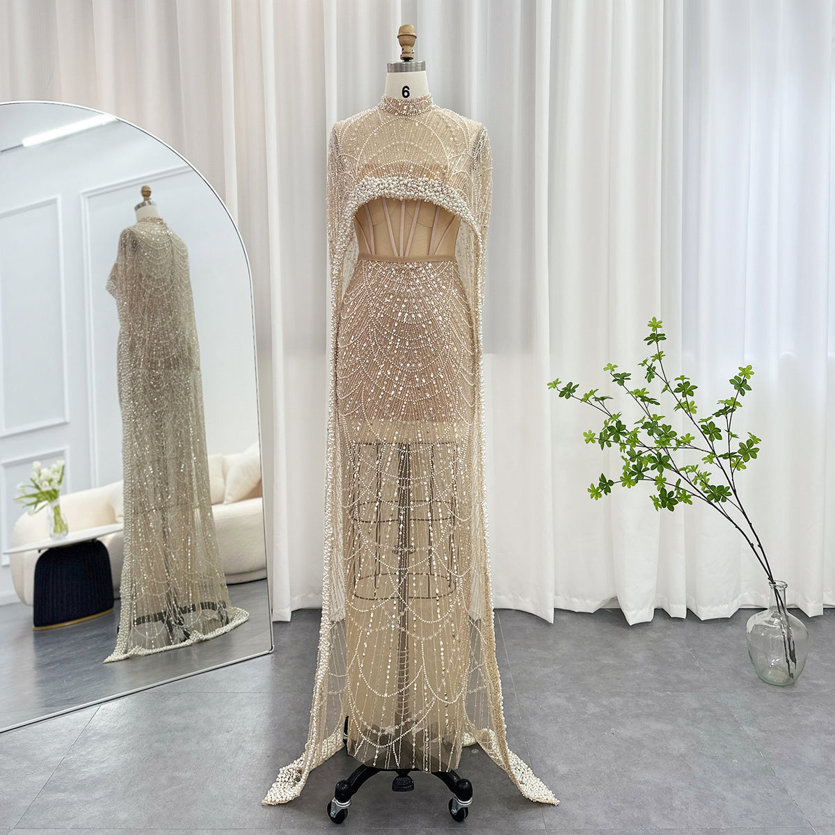 Luxury Pearls Mermaid Evening Dress with Cape SS369_
