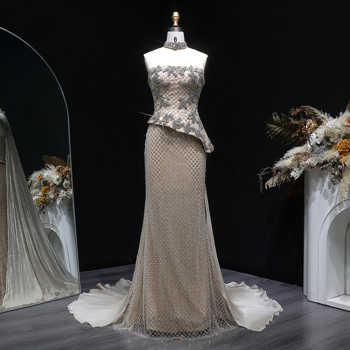 Luxury Champagne Beaded Strapless Evening Dress with Cape SS394