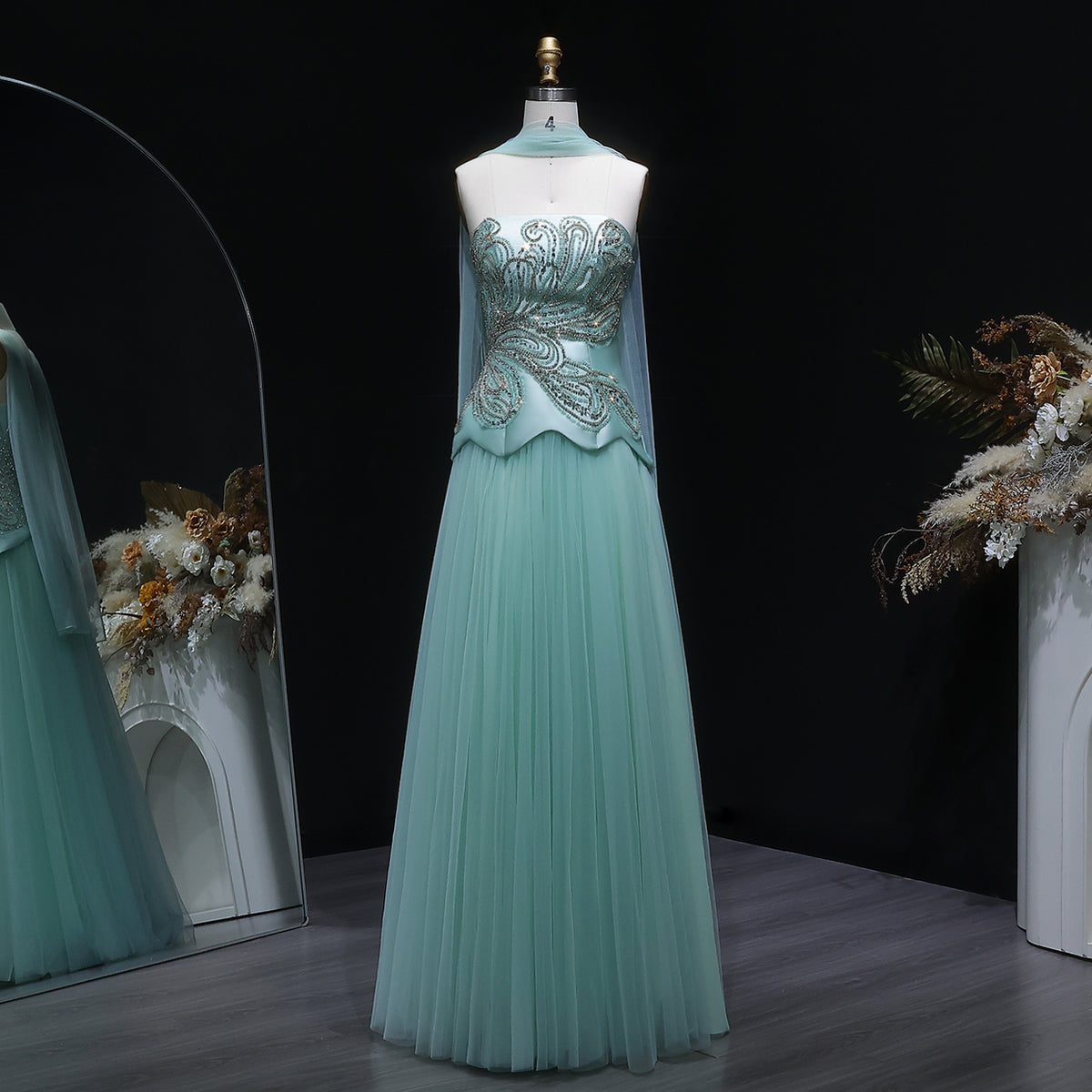 Glamorous Aqua Strapless Sequin Evening Dress with Cape and Scarf SS413