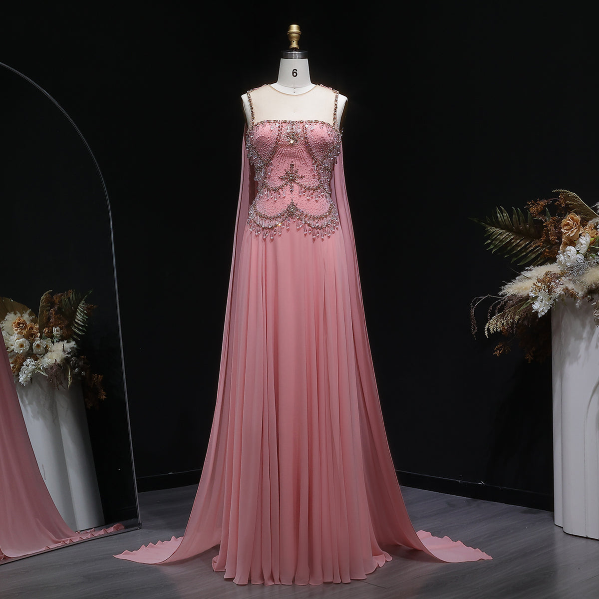 Elegant Silver Gold Crystal Evening Dress with Cap SS517