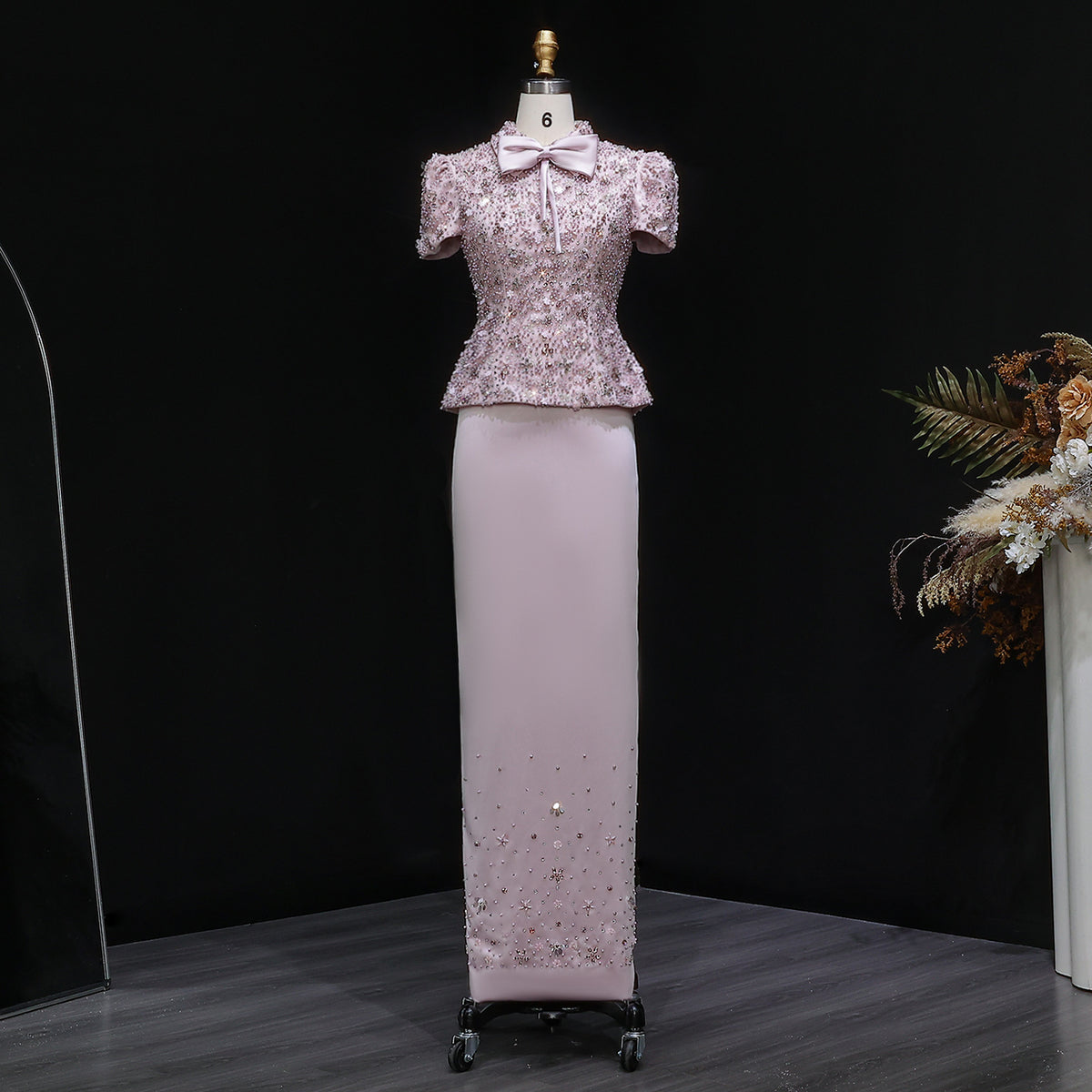 Elegant Pink Sparkling Sequin Beaded Two-Piece Evening Dress SS547