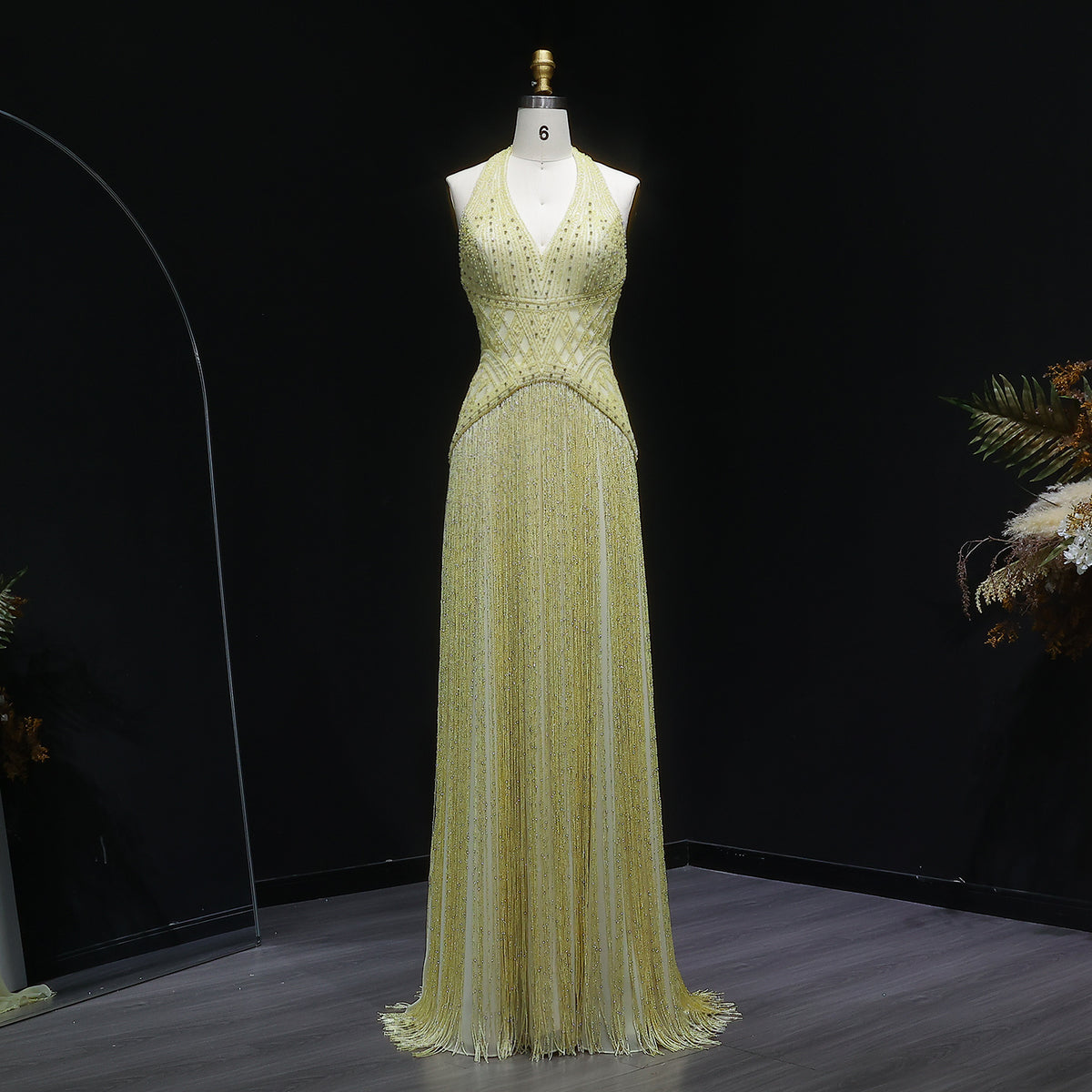 Gala Exquisite Yellow Beaded Halter Neck Deep V Evening Dress SS554