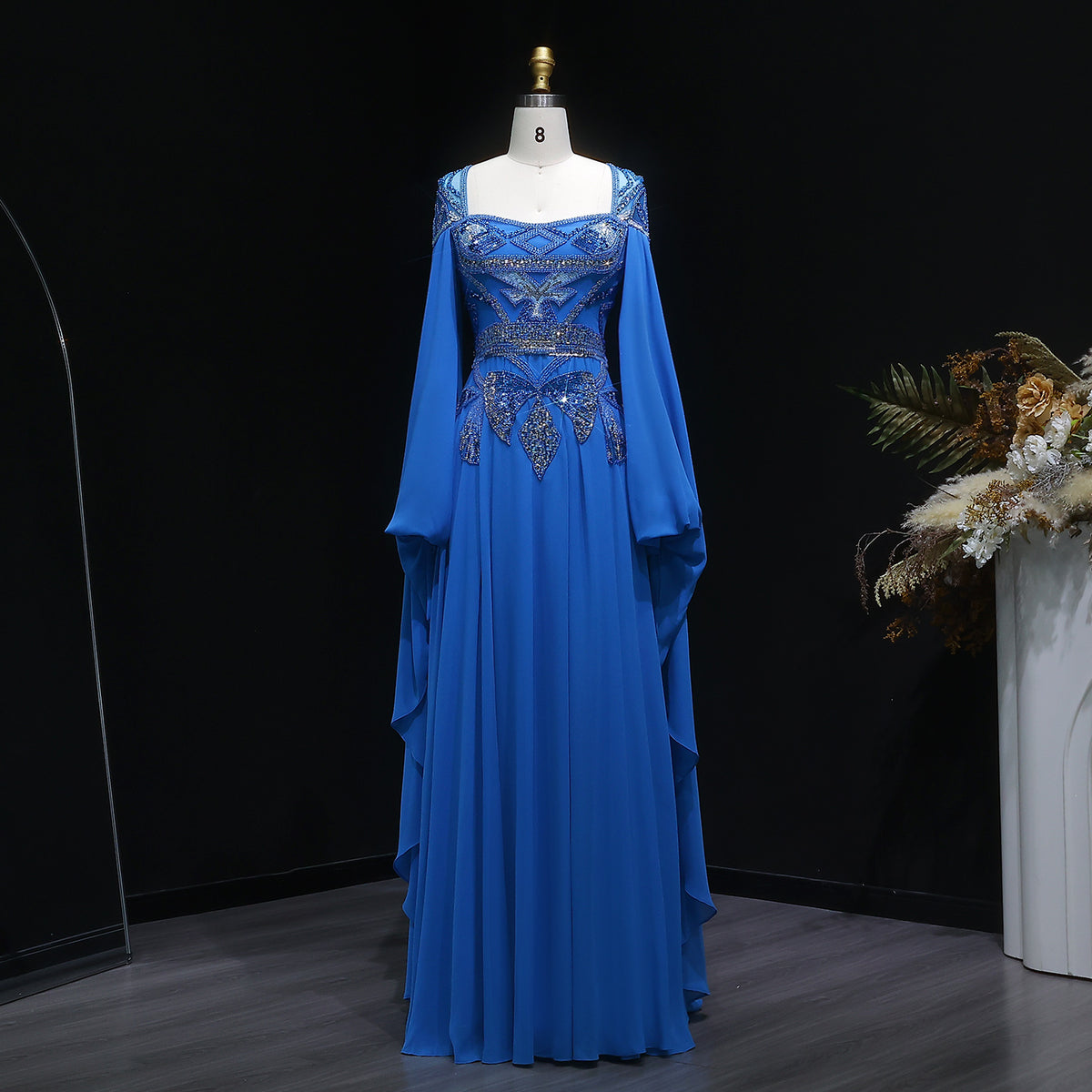 Blue Sequin Beaded Sparkling Evening Dress with Cap Sleeve SS562