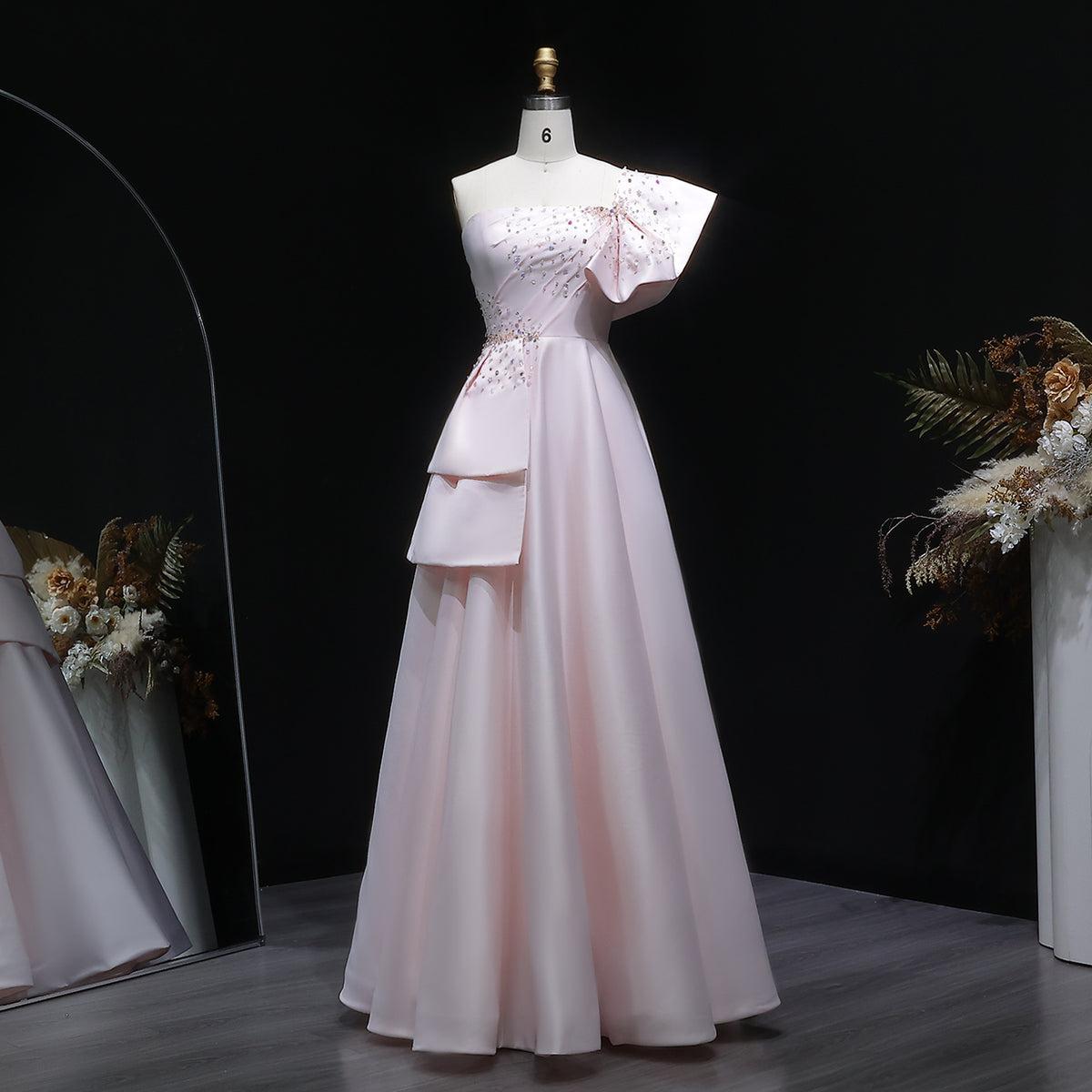 Elegant Crystal Lavender A-Line Pleats Satin Evening Dress SS592