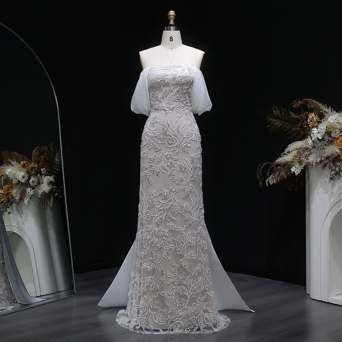 Luxury Ivory Off Shoulder Beaded Mermaid Evening Dress