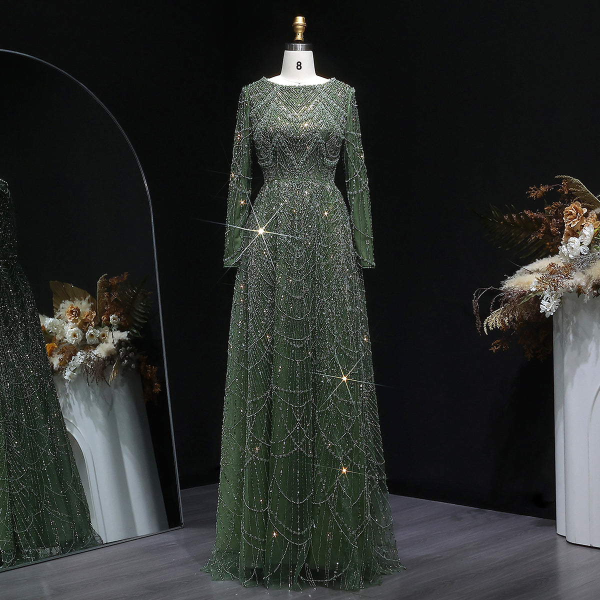 Elegant Green Sequin Beaded Shiny Long Sleeve Evening Dress SS625