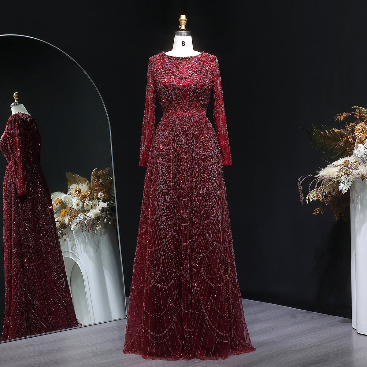 Elegant Green Sequin Beaded Shiny Long Sleeve Evening Dress SS625