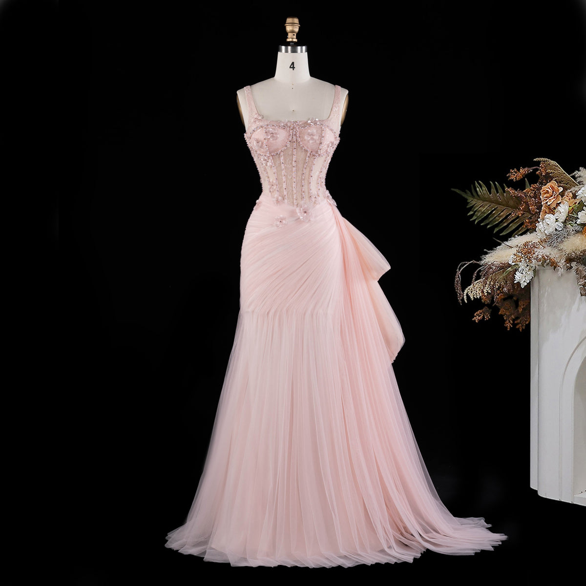 Pink Beaded 3D Flower Corset Mermaid Tulle Evening Dress