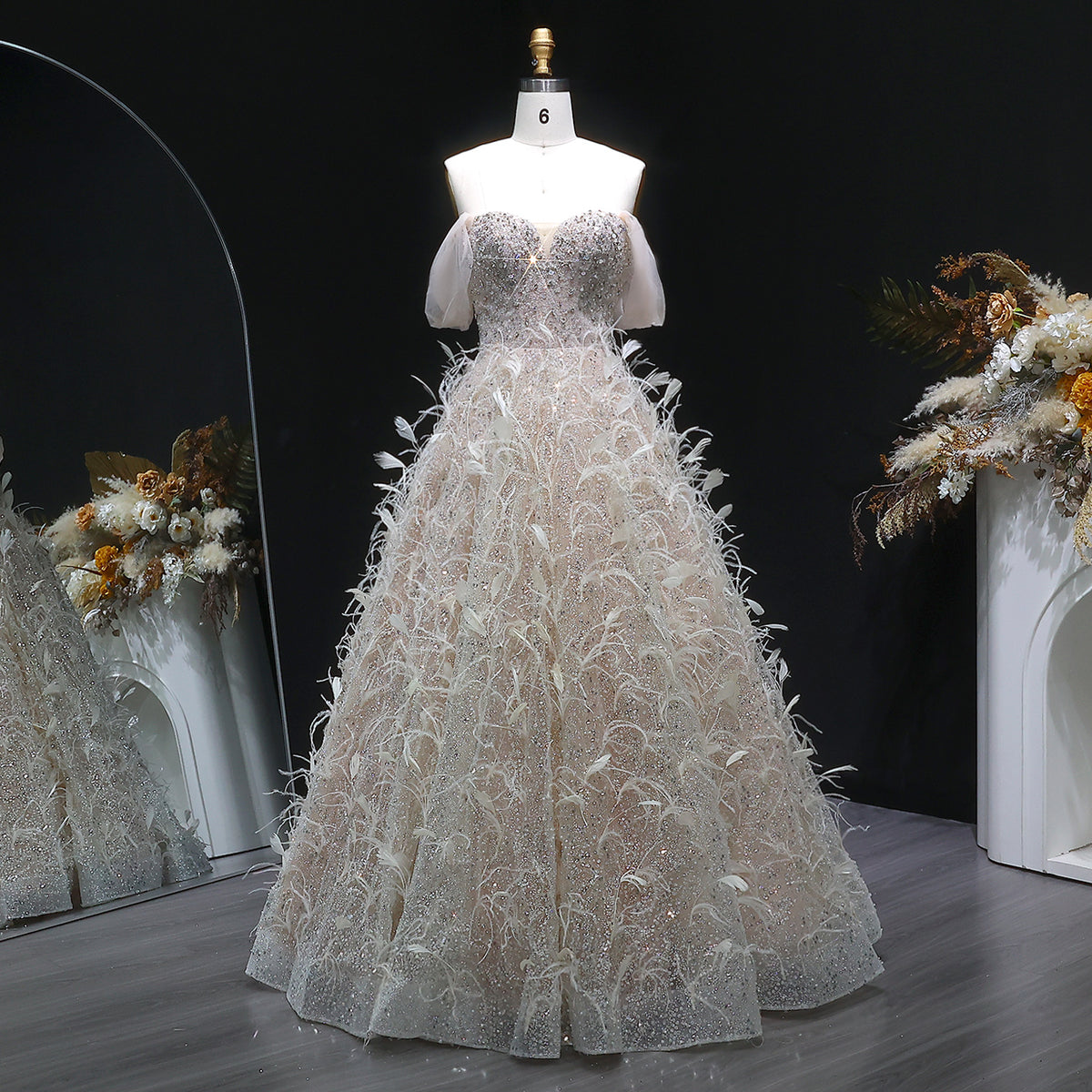 Exquisite Peach Off Shoulder Corset Feather Evening Dress