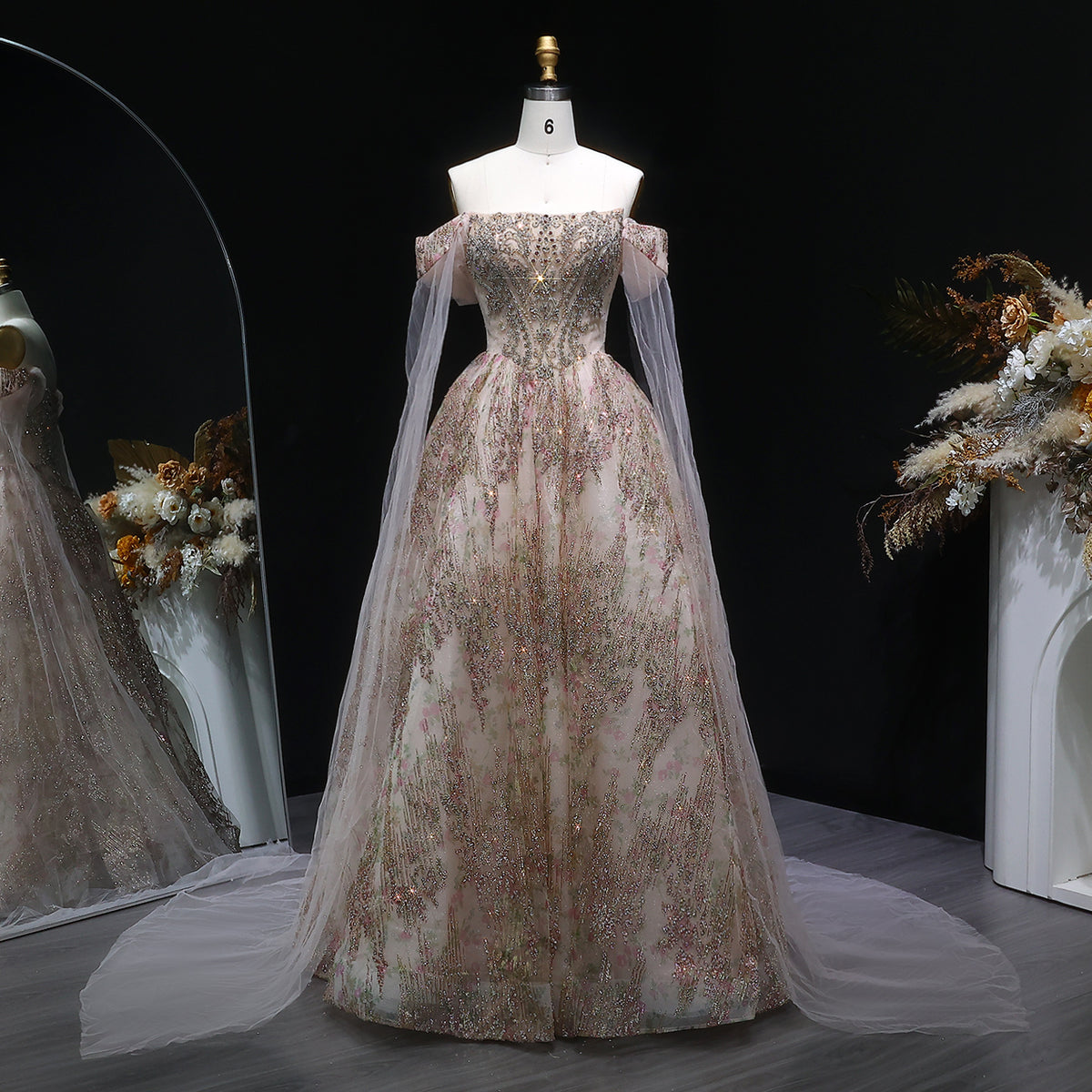 Luxury Rose Gold Off Shoulder Cape Beaded Evening Dress