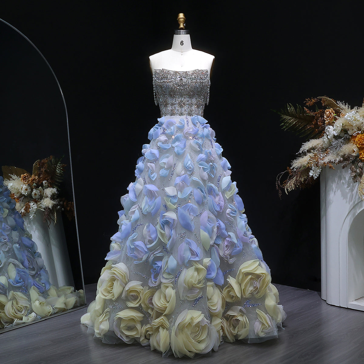 Luxury Blue Yellow Strapless 3D Floral Evening Dress