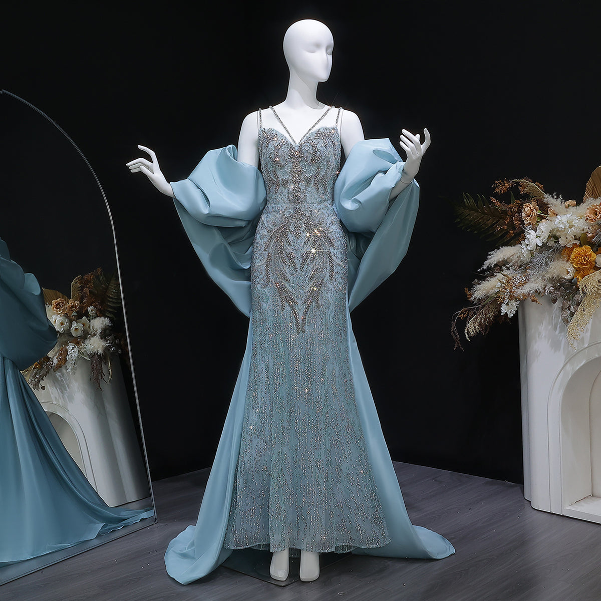 Luxury Blue Strap Puff Sleeve Beaded Evening Dress