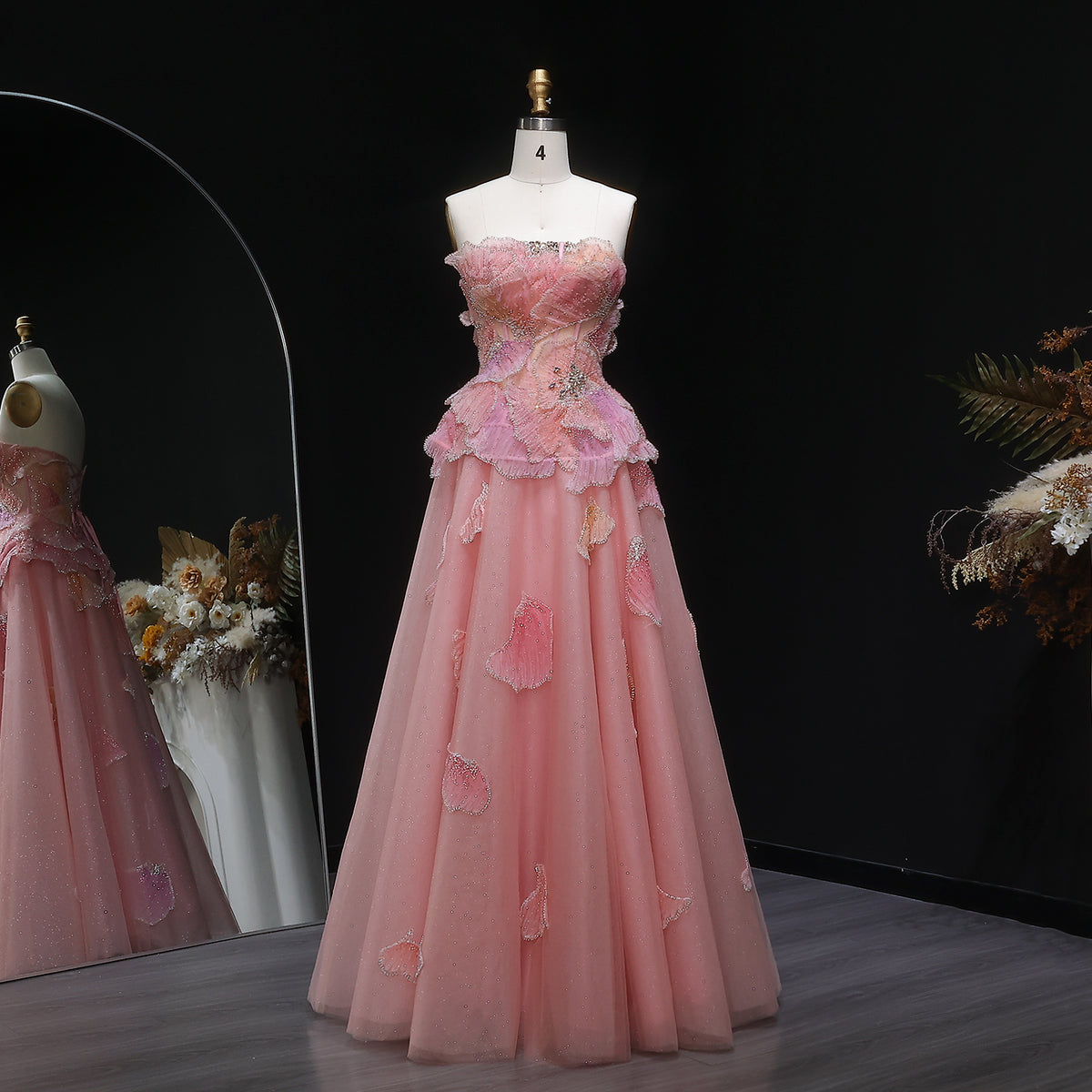 Elegant Pink 3D Floral Beaded Ball Gown Evening Dress SS749