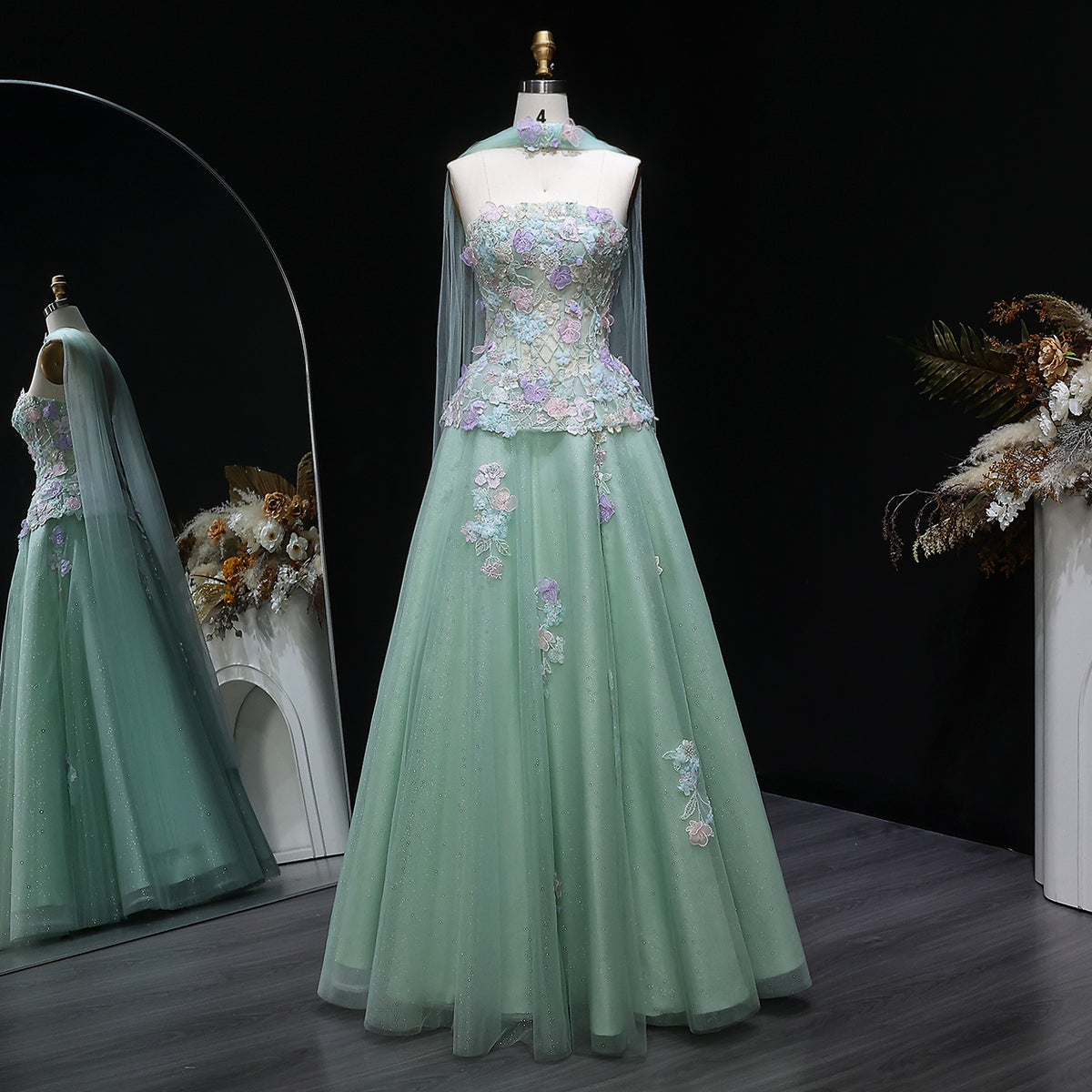 Elegant Sage Green Floral Applique Evening Dress with Scarf SS755