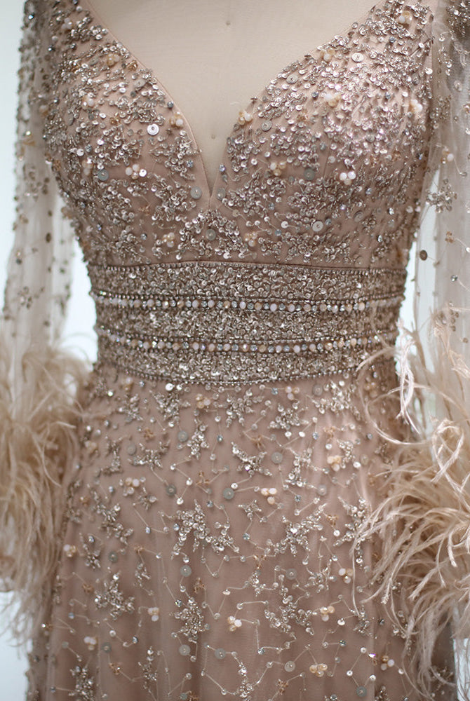 DreamyVow Elegant Champagne Feathers Long Sleeves Evening Dresses Luxury 2023 Dubai Beaded Muslim Women Wedding Formal Party Gowns 101