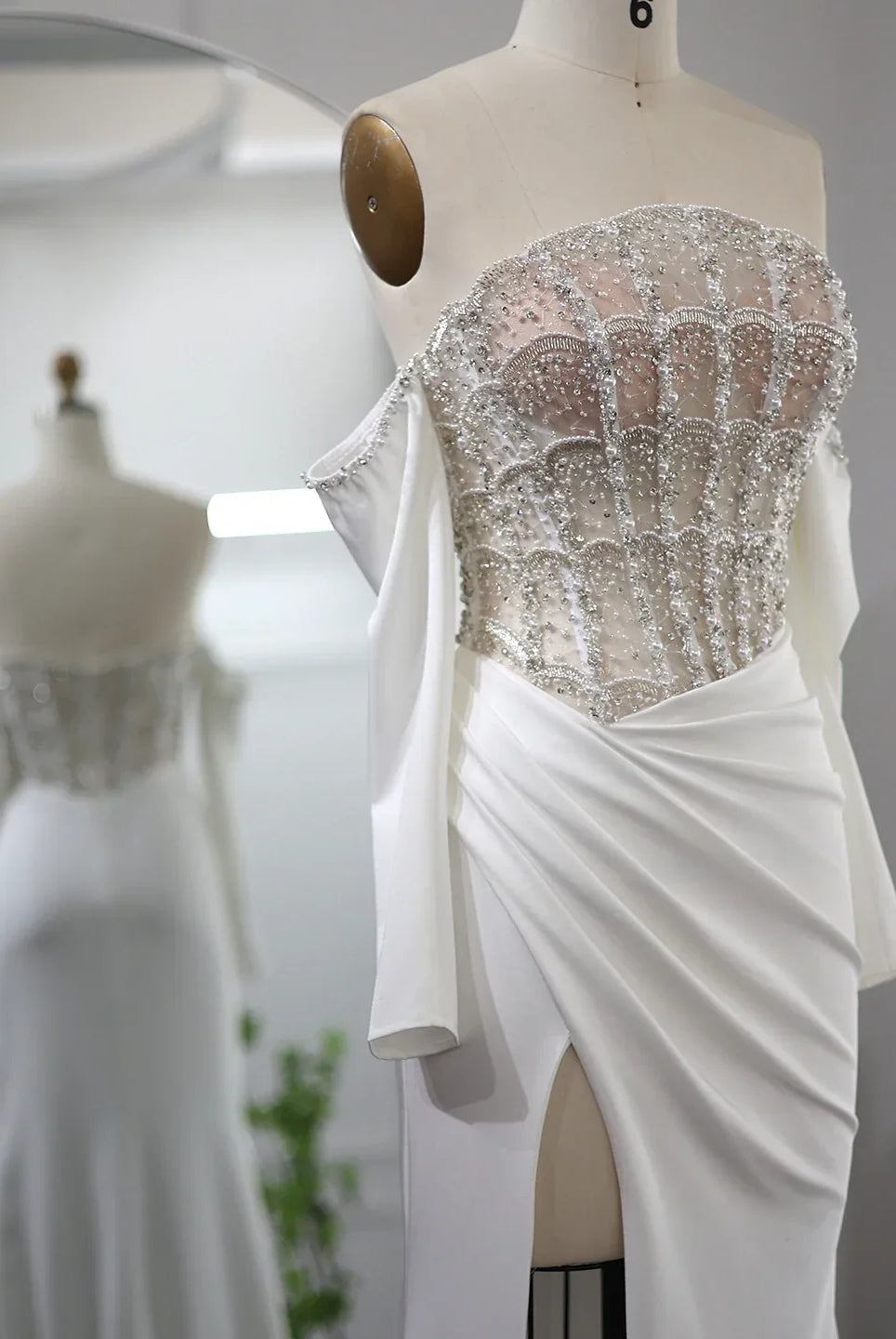 Dreamy Vow Luxury Dubai Mermaid White Evening Dress 2023 Sexy Scalloped High Slit Prom Dresses for Women Wedding Party 416