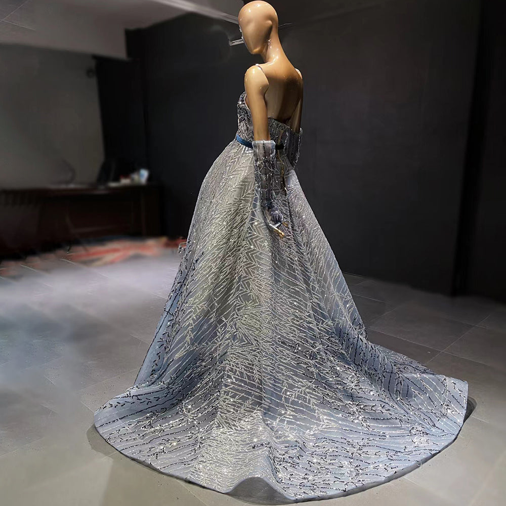 Stunning Glitter Blue Beaded A-Line Evening Dress with Gloves SS752