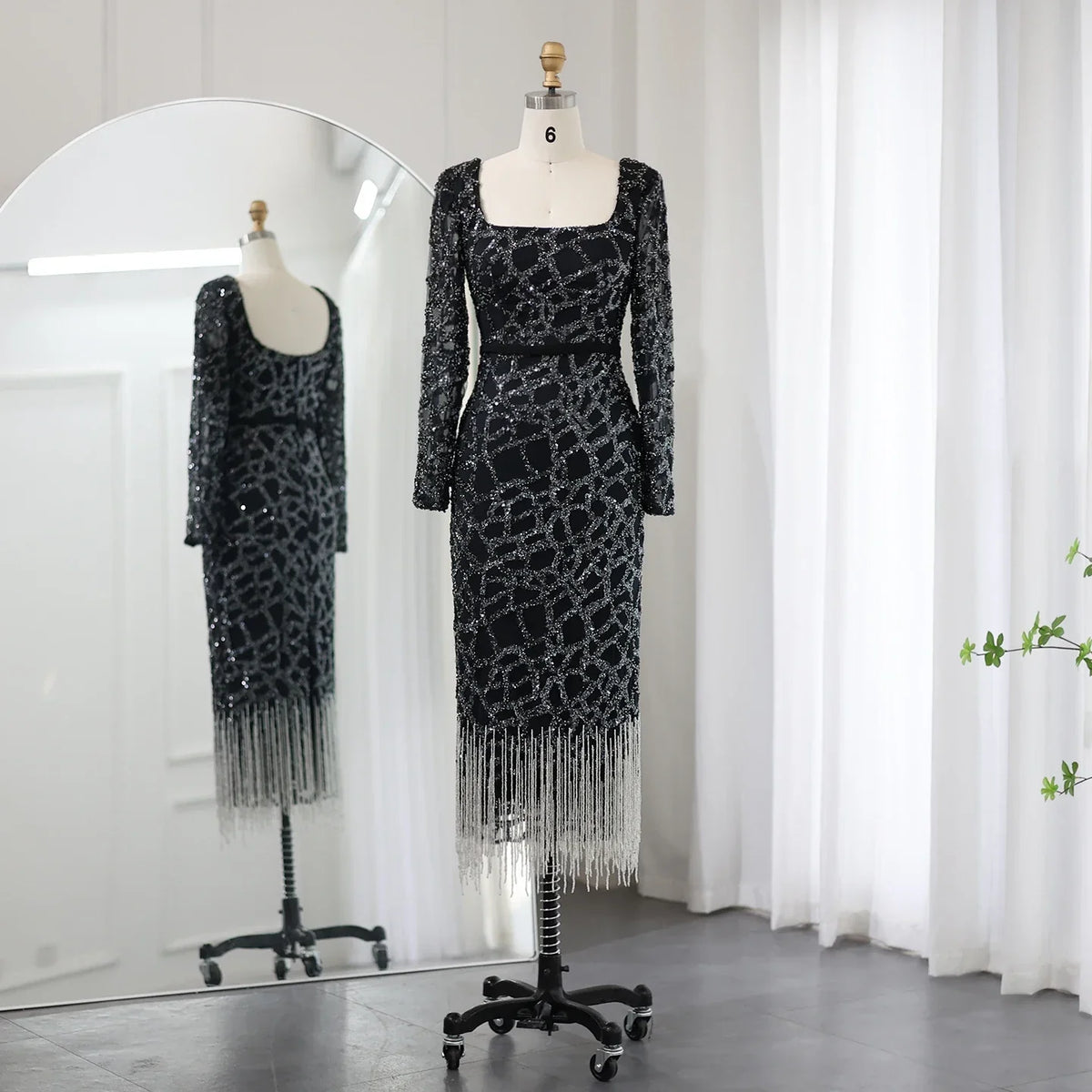 Luxury Tassel Square Neck Long Sleeves Evening Dress SS347