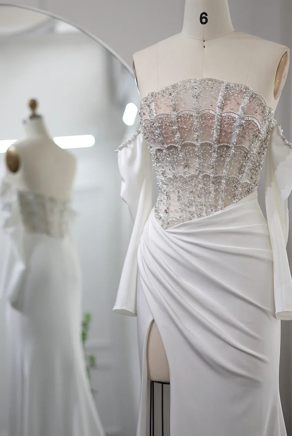 Dreamy Vow Luxury Dubai Mermaid White Evening Dress 2023 Sexy Scalloped High Slit Prom Dresses for Women Wedding Party 416