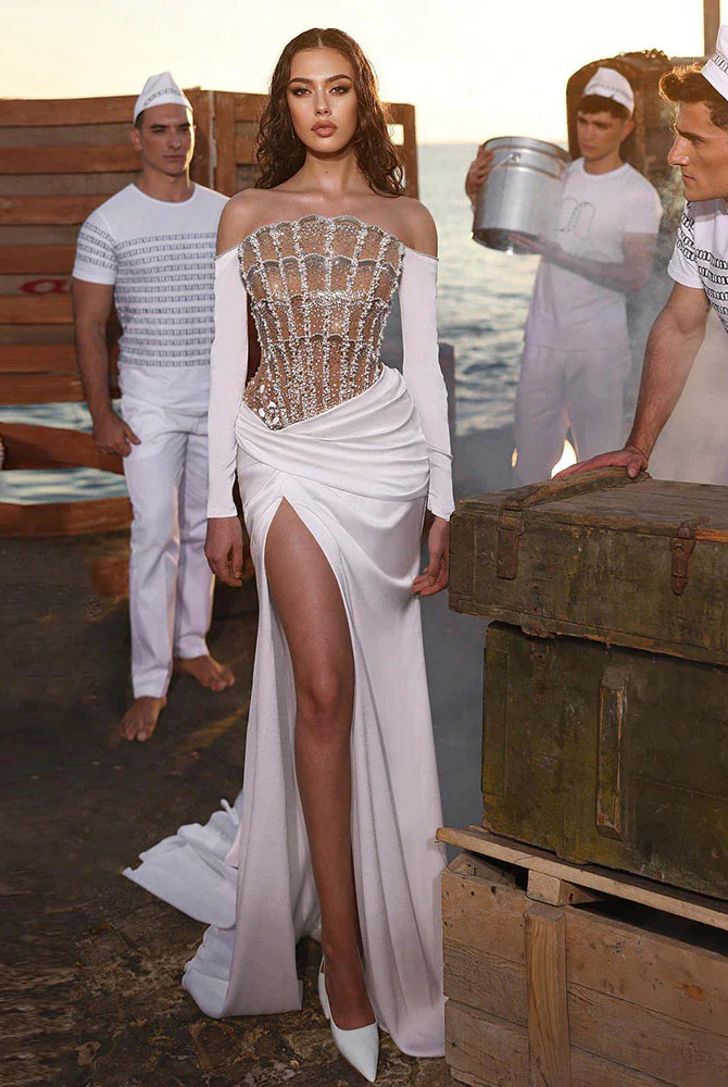 Dreamy Vow Luxury Dubai Mermaid White Evening Dress 2023 Sexy Scalloped High Slit Prom Dresses for Women Wedding Party 416
