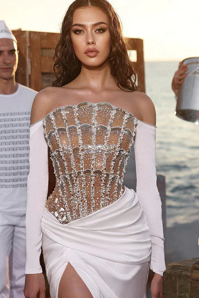 Dreamy Vow Luxury Dubai Mermaid White Evening Dress 2023 Sexy Scalloped High Slit Prom Dresses for Women Wedding Party 416