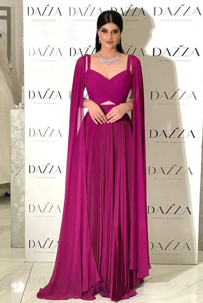 Dreamy Vow Arabic Fuchsia Chiffon Dubai Evening Dresses with Cape Sleeves Elegant Yellow Women Wedding Party Formal Gowns F090