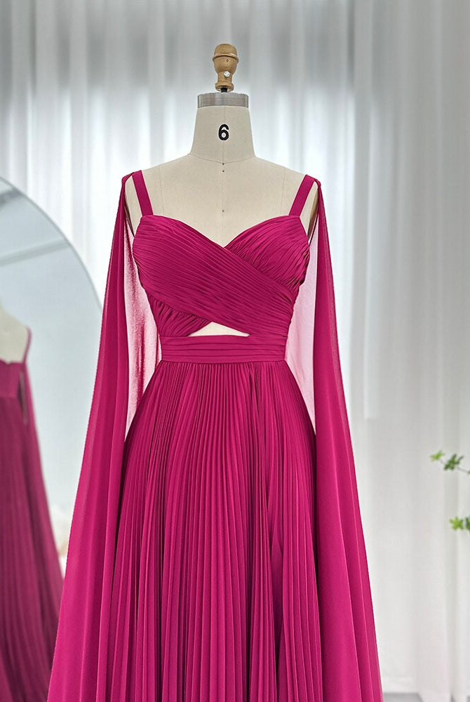 Dreamy Vow Arabic Fuchsia Chiffon Dubai Evening Dresses with Cape Sleeves Elegant Yellow Women Wedding Party Formal Gowns F090