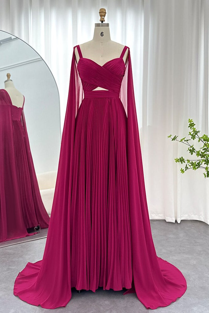 Dreamy Vow Arabic Fuchsia Chiffon Dubai Evening Dresses with Cape Sleeves Elegant Yellow Women Wedding Party Formal Gowns F090