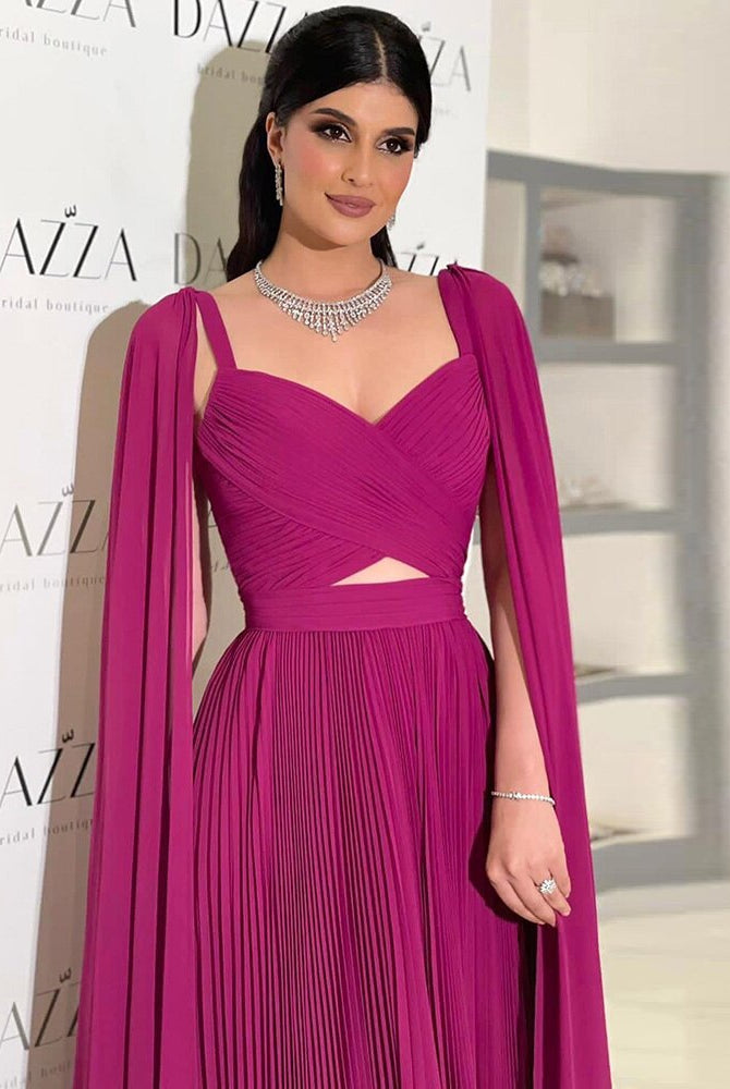 Dreamy Vow Arabic Fuchsia Chiffon Dubai Evening Dresses with Cape Sleeves Elegant Yellow Women Wedding Party Formal Gowns F090