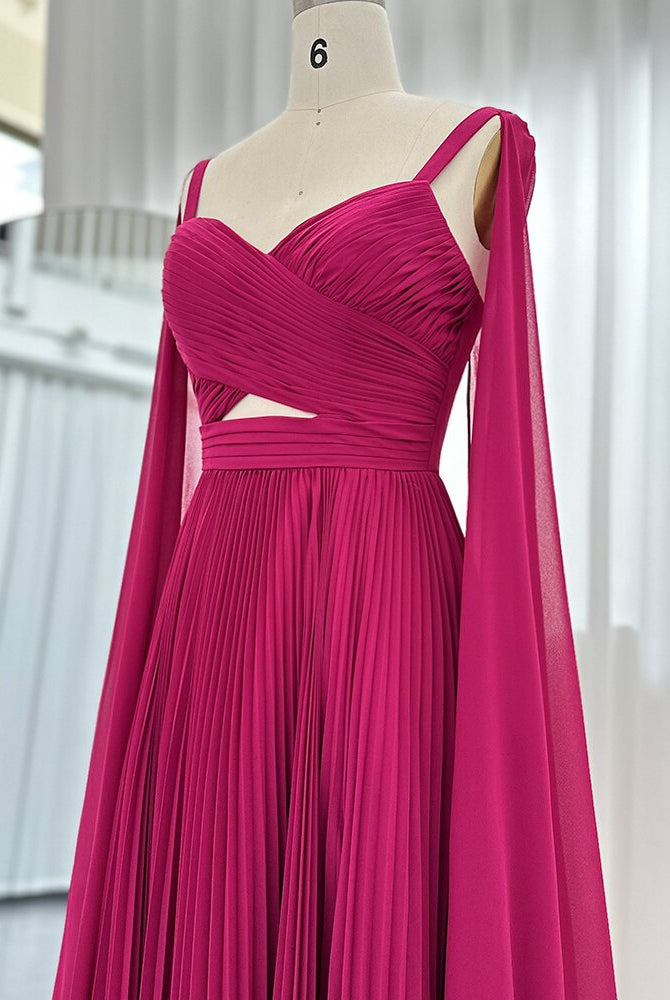 Dreamy Vow Arabic Fuchsia Chiffon Dubai Evening Dresses with Cape Sleeves Elegant Yellow Women Wedding Party Formal Gowns F090