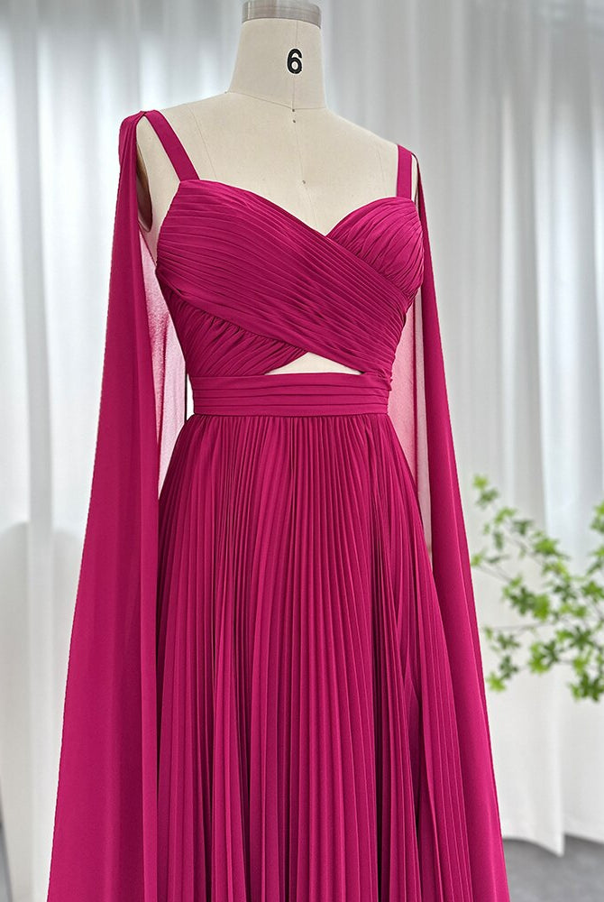 Dreamy Vow Arabic Fuchsia Chiffon Dubai Evening Dresses with Cape Sleeves Elegant Yellow Women Wedding Party Formal Gowns F090