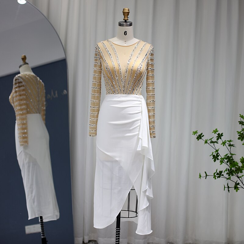 Dreamy Vow Dubai White Mermaid Arabic Evening Dress Long Sleeve Luxury Women for Wedding Party Midi Prom Formal Dresses 270