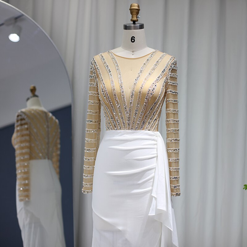 Dreamy Vow Dubai White Mermaid Arabic Evening Dress Long Sleeve Luxury Women for Wedding Party Midi Prom Formal Dresses 270