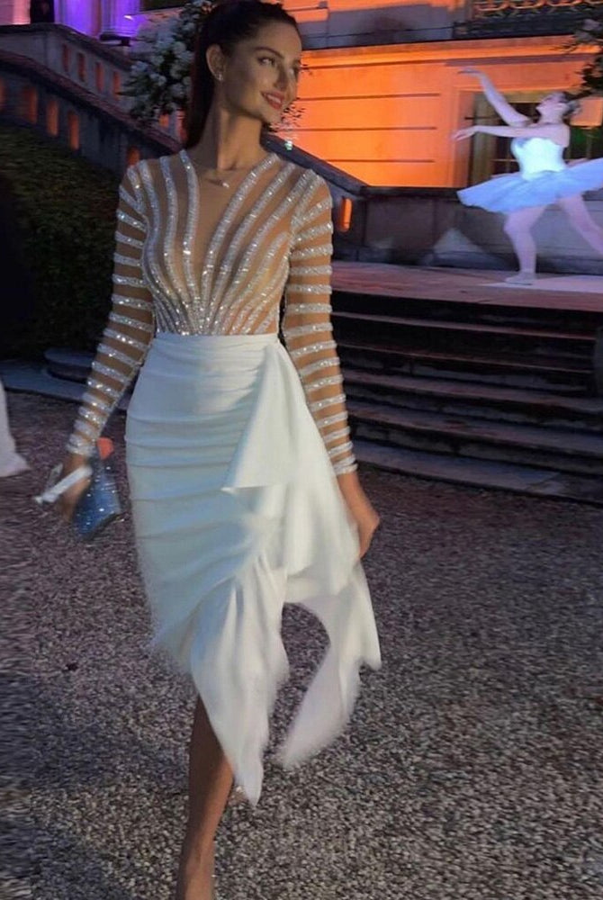 Dreamy Vow Dubai White Mermaid Arabic Evening Dress Long Sleeve Luxury Women for Wedding Party Midi Prom Formal Dresses 270
