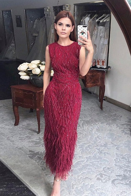 Dreamy Vow Elegant Light Blue Lace Midi Evening Dress with Feathers Beading Women Black Formal Dresses for Wedding Party 499