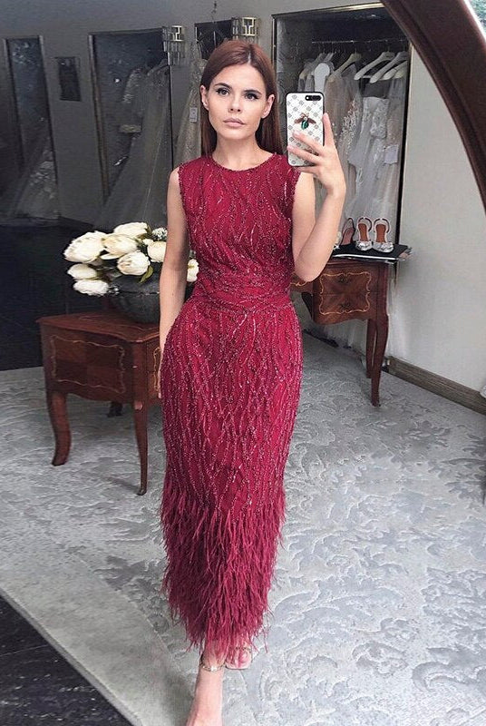 Dreamy Vow Elegant Light Blue Lace Midi Evening Dress with Feathers Beading Women Black Formal Dresses for Wedding Party 499